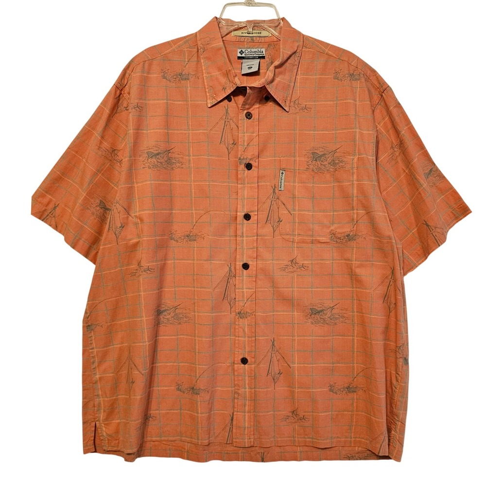 Columbia River Lodge Mens‎ XXL Salmon Orange Marlin Fishing Plaid Shirt FM7071